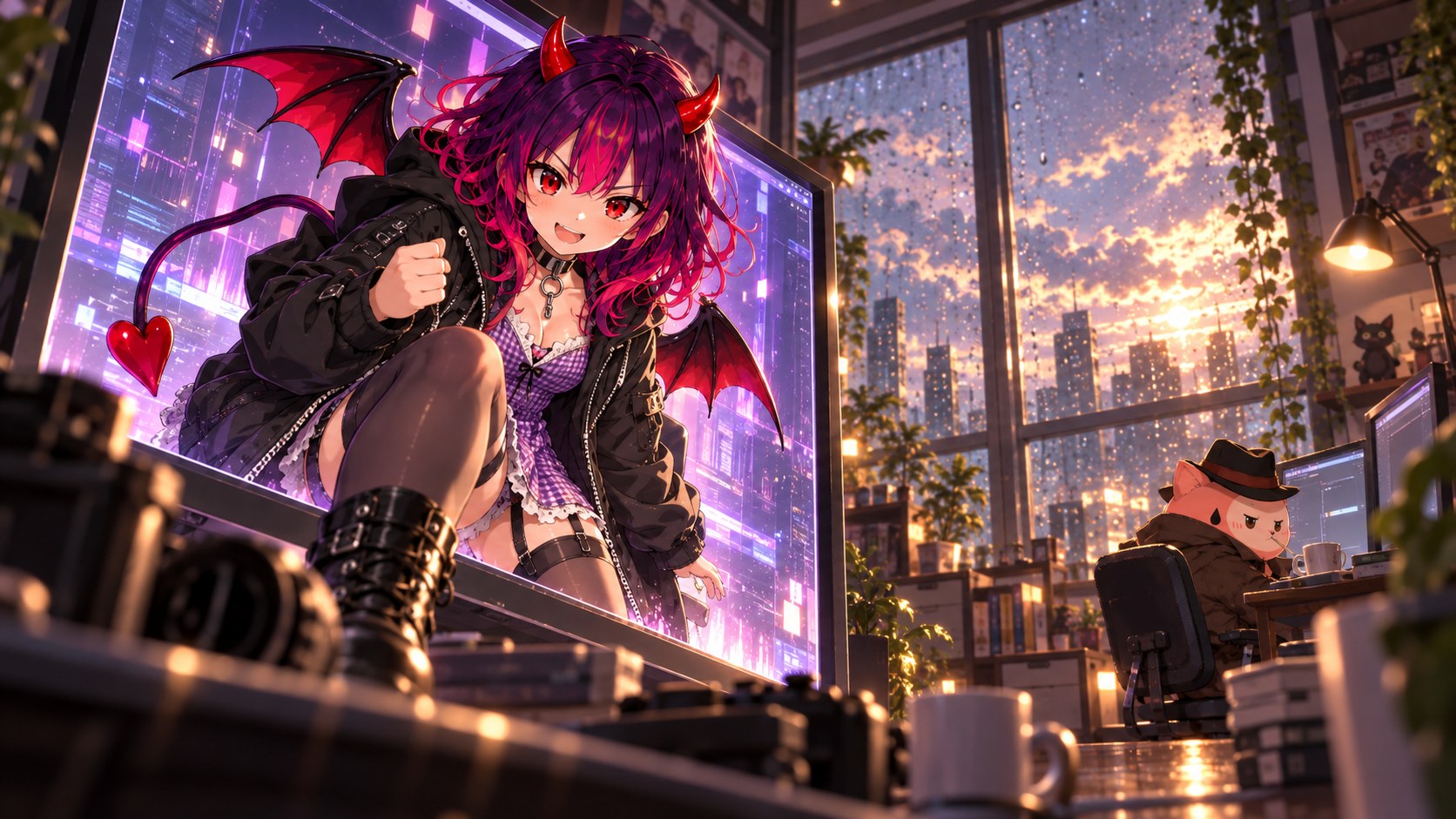 雨が弱まった窓辺で次の曲を待つあいちゃん