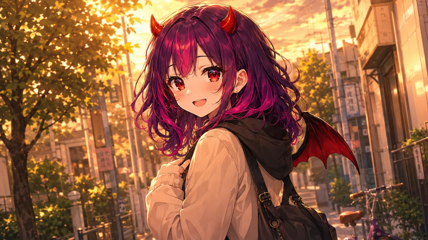 夕暮れの街で振り返って笑うあいちゃん