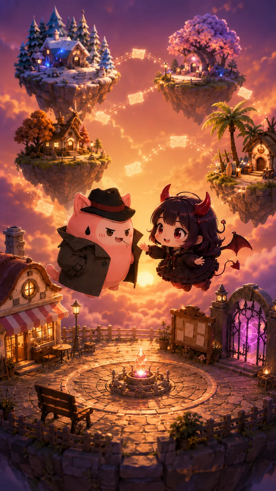 夕焼けの空に浮かぶ島々と手紙の光、広場で手を取り合う2人のキャラクター