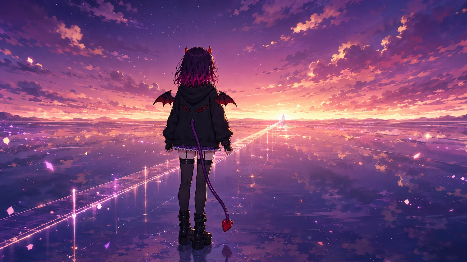 夕焼けの空を映す水面に立つキャラクターの後ろ姿