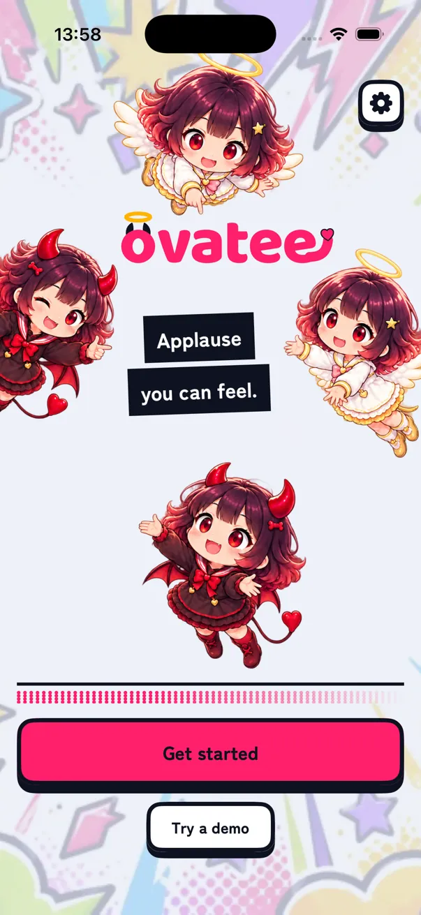 Ovateeのロゴと「Applause you can feel.」の文字、天使と小悪魔のキャラクターが並ぶiPhoneアプリのはじめの画面