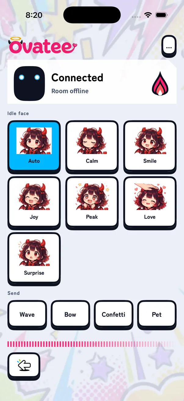 StackChanと接続済みの表示、7種類の表情ボタン、Wave・Bow・Confetti・Petの送信ボタンが並ぶiPhoneアプリの画面