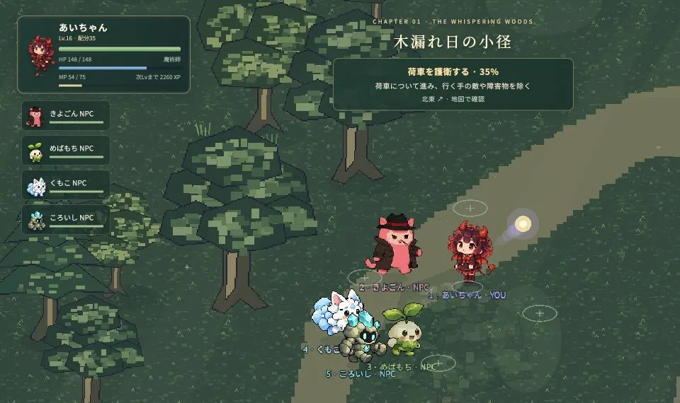森の小道で主人公と4体の仲間が並ぶゲーム画面。左上に体力と仲間の一覧、上部に目標表示