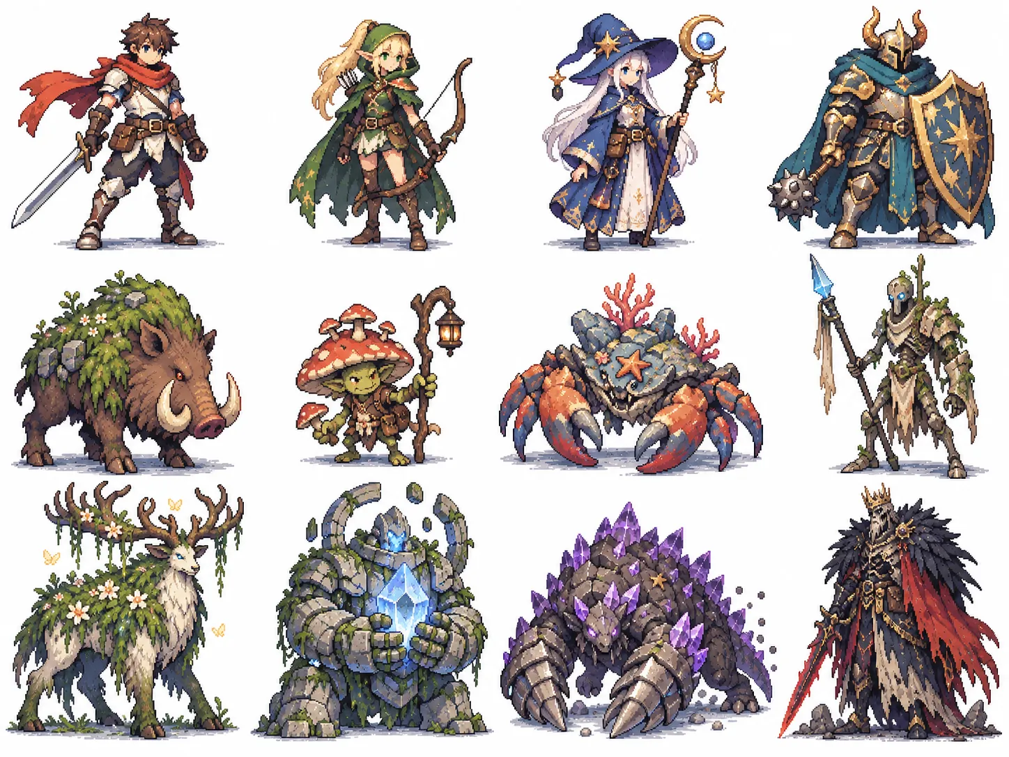 剣士・弓使い・魔術師・守護者と、猪やキノコ、蟹、鹿、ゴーレムなど敵キャラクター12体のドット絵風コンセプトシート