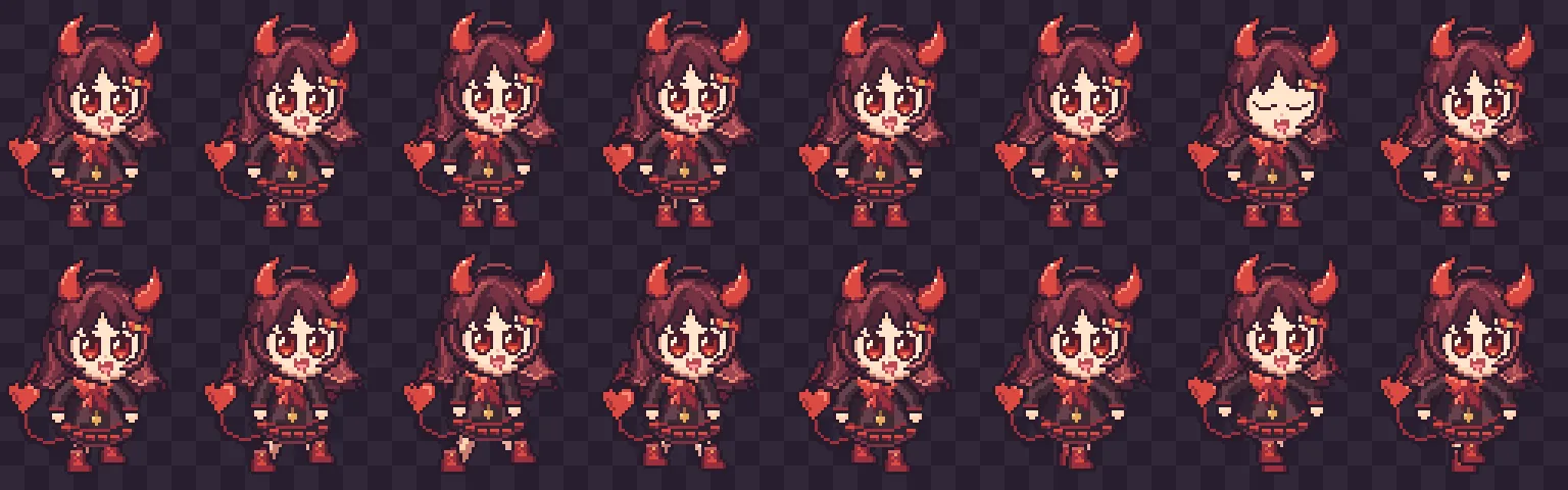 角のある女の子のドット絵キャラクターが、待機と歩行のコマで2段に並んだ一覧
